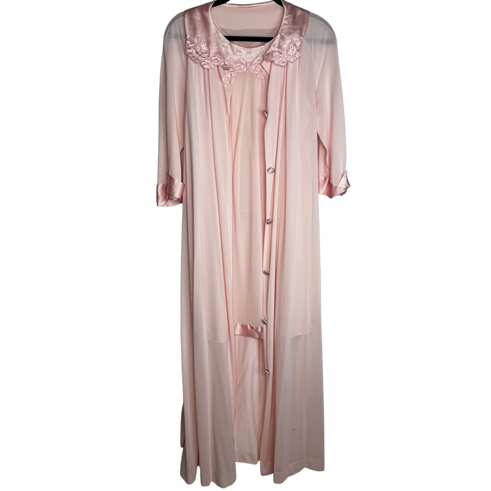 VTG Light Pink Floral Trim Nightgown and Robe Set Lingerie Sleepwear Cozy Soft - Picture 2 of 12
